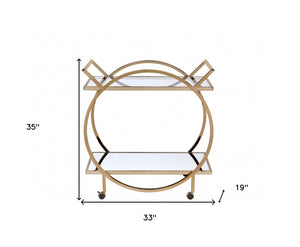 HomeRoots 33" Champagne Metal Tube Serving Cart - Luxurious Glass Top, Mirrored Shelf & Smooth Rolling Casters 319138