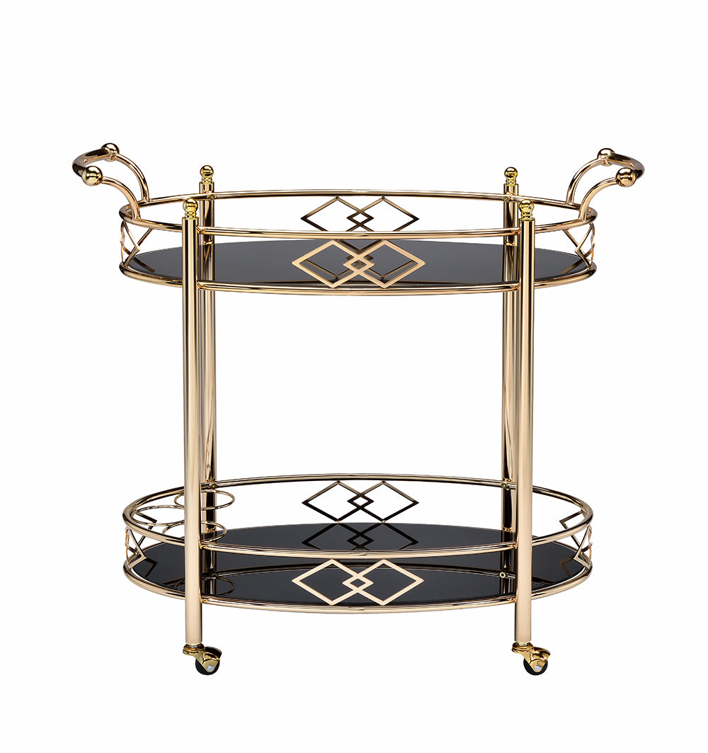 Homeroots Gold And Black Metal And Glass Oval Rolling Bar Cart Gold  319140