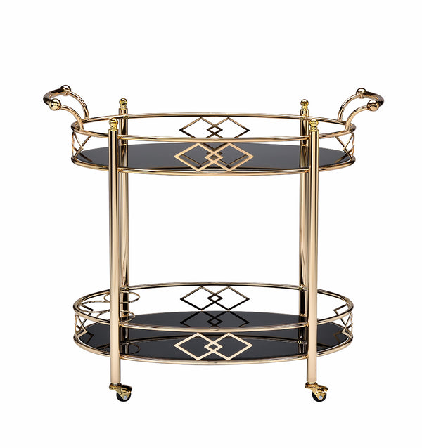 Homeroots Gold And Black Metal And Glass Oval Rolling Bar Cart Gold  319140