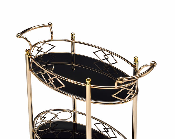 Homeroots Gold And Black Metal And Glass Oval Rolling Bar Cart Gold  319140