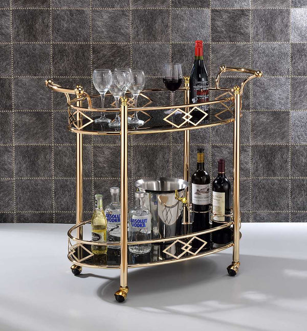 Homeroots Gold And Black Metal And Glass Oval Rolling Bar Cart Gold  319140