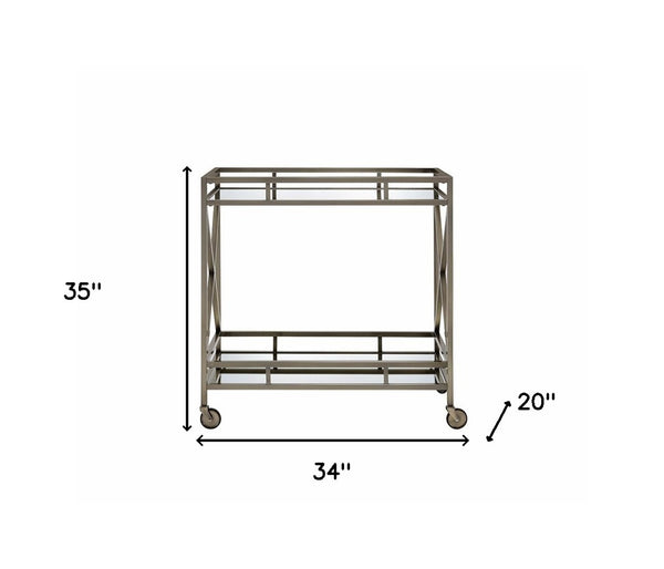 HomeRoots 34" Elegant Antique Brass Serving Cart with Mirrored Shelves for Stylish Entertaining and Display 34" X 20" X 35" 319141