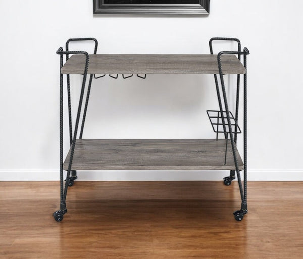 HomeRoots Black Rolling Prep Table – 32" Kitchen Cart with Ample Storage, Rustic Style & Easy Mobility Features 319142
