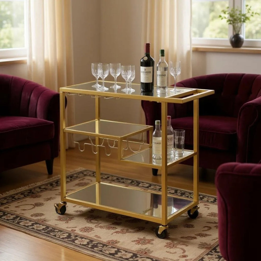 HomeRoots 40" Clear Glass and Gold Iron Rolling Prep Table - Stylish Kitchen Cart with Storage and Mobility 40" X 16" X 37" 319143