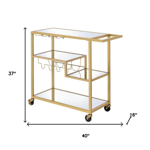 HomeRoots 40" Clear Glass and Gold Iron Rolling Prep Table - Stylish Kitchen Cart with Storage and Mobility 40" X 16" X 37" 319143