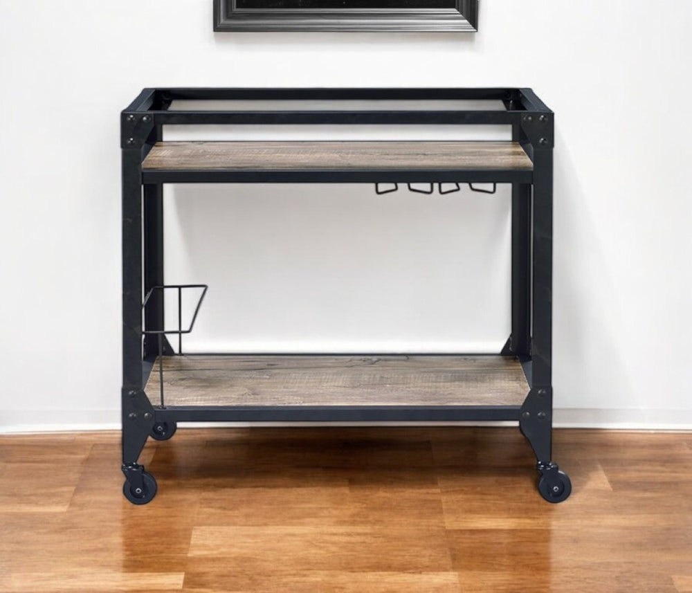 HomeRoots Black 32" Rolling Prep Table: Rustic Charm with Storage, Wine Capacity & Smooth Mobility for Kitchen 319144