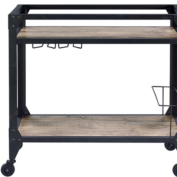 HomeRoots Black 32" Rolling Prep Table: Rustic Charm with Storage, Wine Capacity & Smooth Mobility for Kitchen 319144