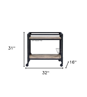 HomeRoots Black 32" Rolling Prep Table: Rustic Charm with Storage, Wine Capacity & Smooth Mobility for Kitchen 319144