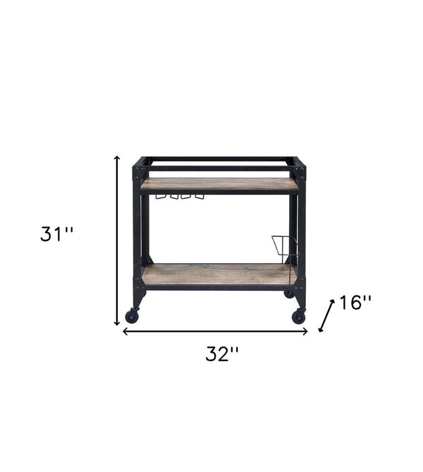 HomeRoots Black 32" Rolling Prep Table: Rustic Charm with Storage, Wine Capacity & Smooth Mobility for Kitchen 319144