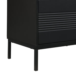 English Elm U-can Mid Century Walnut Media Console with Sliding Doors and Metal Frame for Living Rooms Black N724P360370B
