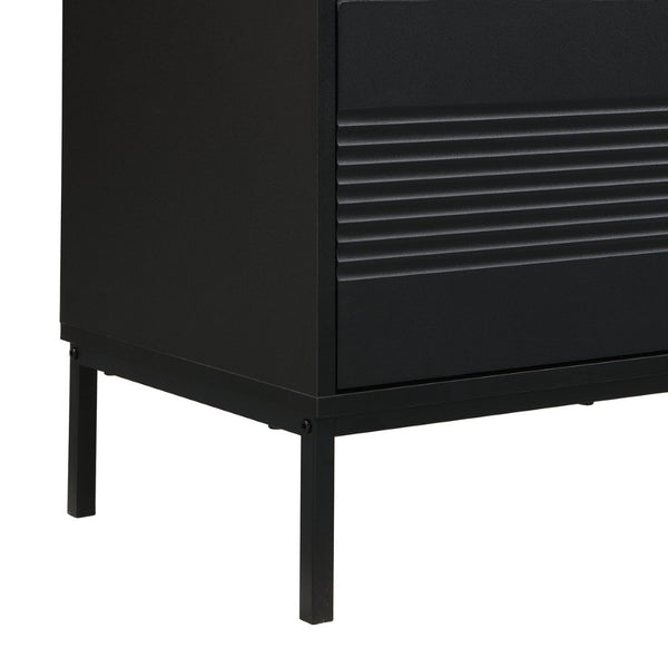 English Elm U-can Mid Century Walnut Media Console with Sliding Doors and Metal Frame for Living Rooms Black N724P360370B