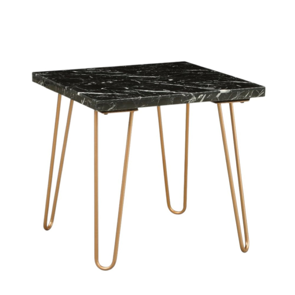 HomeRoots 22" Black Faux Marble End Table – Modern Accent with Sturdy Iron Frame for Living Room or Bedroom Use 319158