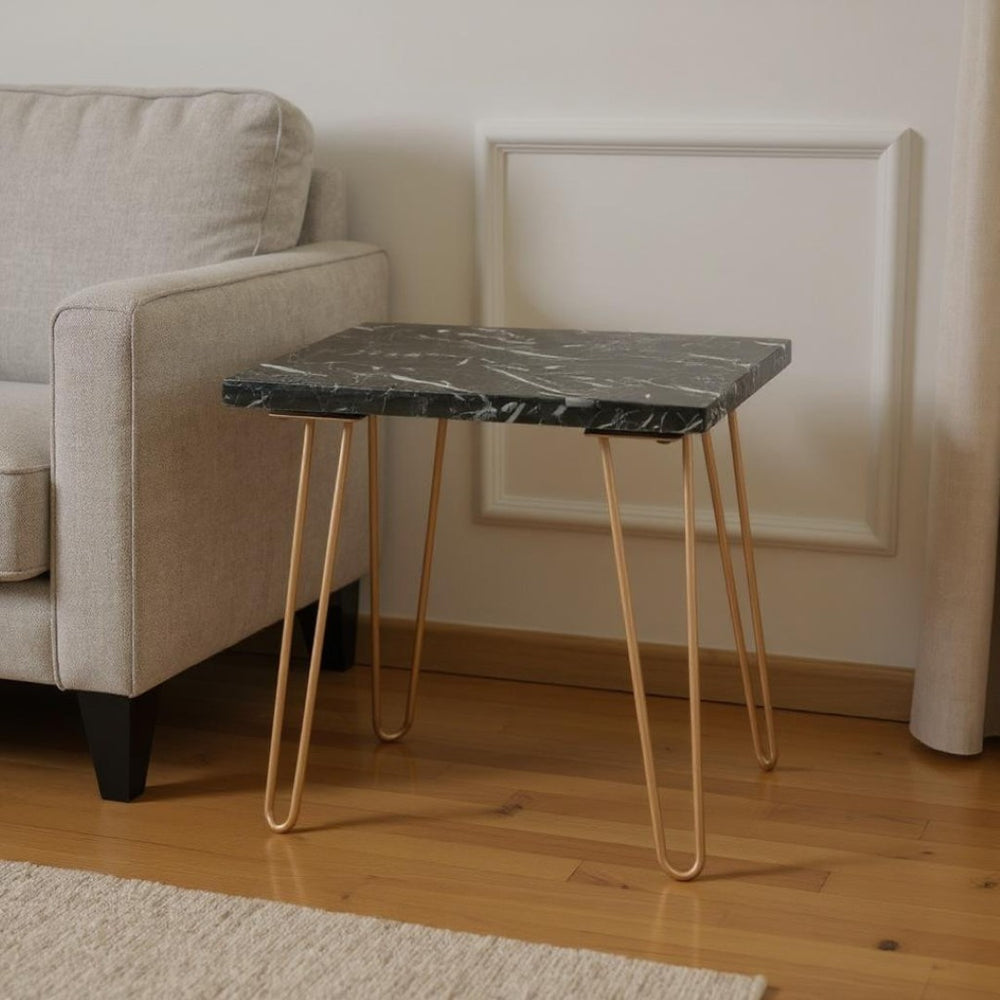 HomeRoots 22" Black Faux Marble End Table – Modern Accent with Sturdy Iron Frame for Living Room or Bedroom Use 319158