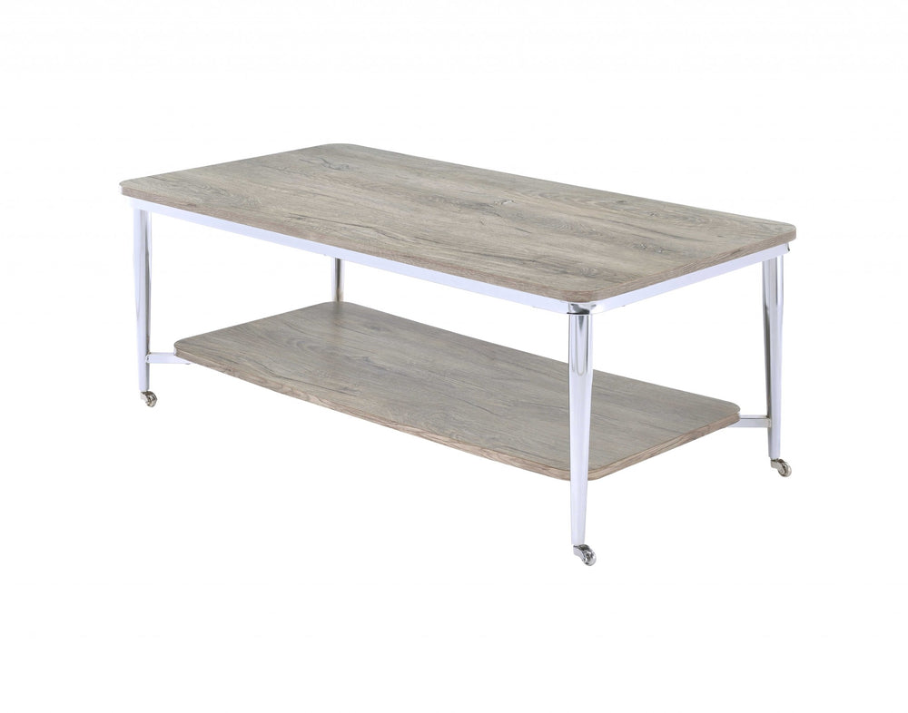 Homeroots 48" X 24" X 19" Gray Oak And Chrome Metal Tube Coffee Table   319161