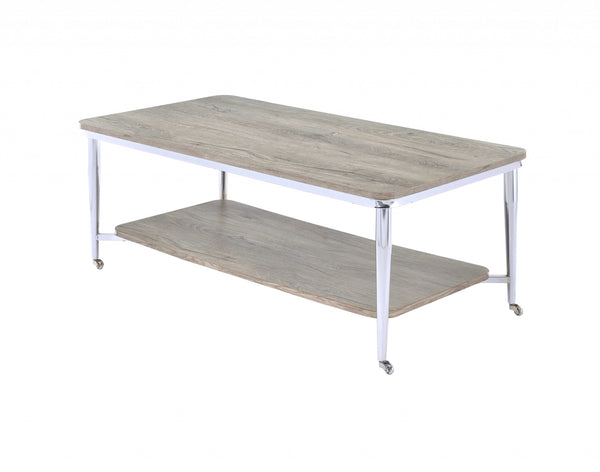 Homeroots 48" X 24" X 19" Gray Oak And Chrome Metal Tube Coffee Table   319161