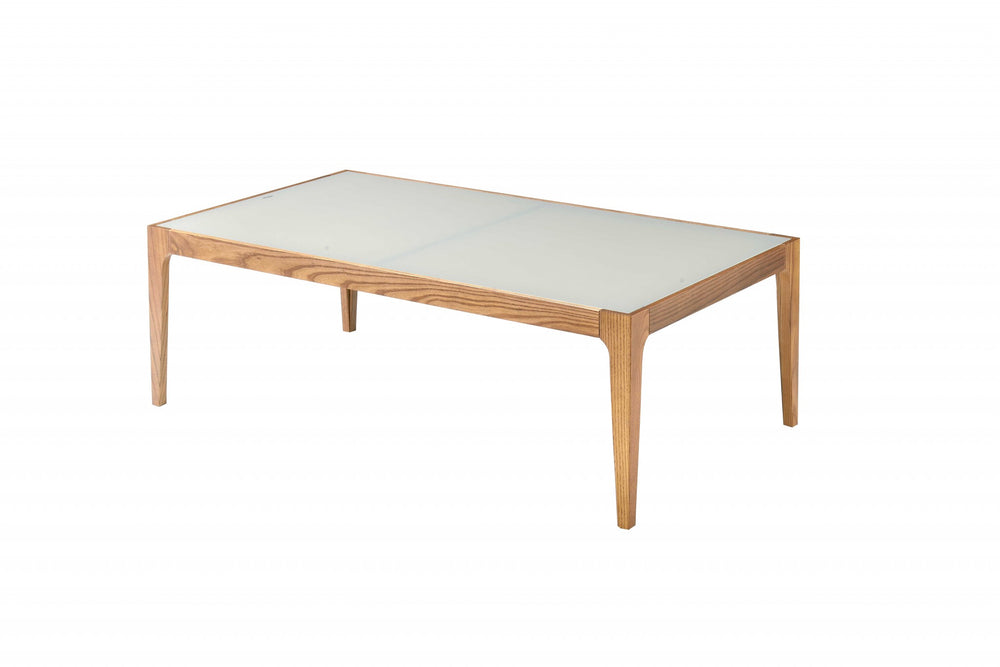 Homeroots 43" Off White And Natural Frosted Glass And Solid Wood Coffee Table   319171