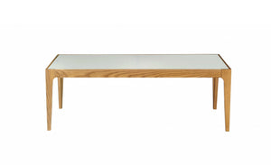 Homeroots 43" Off White And Natural Frosted Glass And Solid Wood Coffee Table   319171