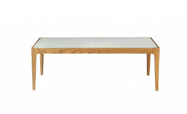 Homeroots 43" Off White And Natural Frosted Glass And Solid Wood Coffee Table   319171