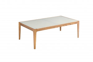 Homeroots 43" Off White And Natural Frosted Glass And Solid Wood Coffee Table   319171