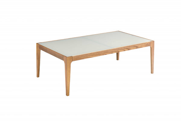Homeroots 43" Off White And Natural Frosted Glass And Solid Wood Coffee Table   319171