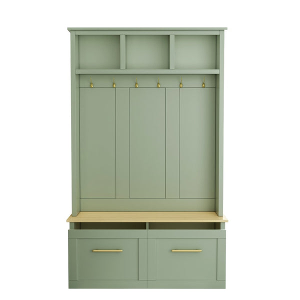 English Elm On-trend Entryway Hall Tree with Gold Hooks Bench Drawers and Shoe Cabinet Storage Mint Green N721S000056M-1