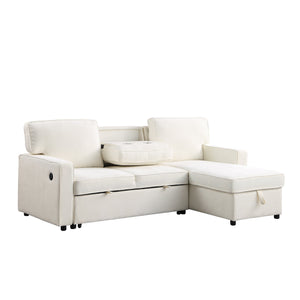 English Elm U_STYLE Chenille Upholstery Sleeper Sectional Sofa with Pull-Out Bed, Chaise Storage & Comfort Beige W1099S00146