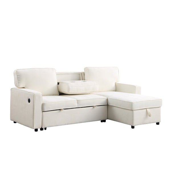 English Elm U_STYLE Chenille Upholstery Sleeper Sectional Sofa with Pull-Out Bed, Chaise Storage & Comfort Beige W1099S00146