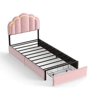 English Elm Rgb Led Velvet Platform Bed Petal Headboard Storage Drawers for Kids Bedroom T3963P458401