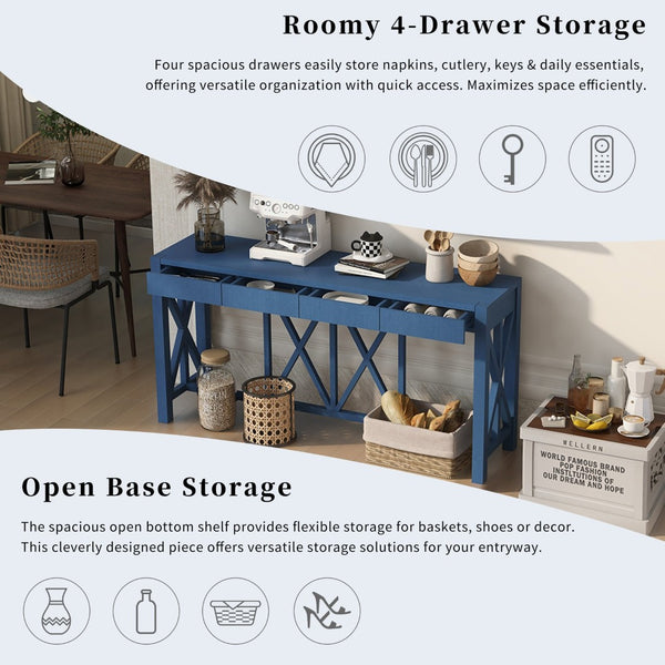 English Elm U_Style 60'' Acacia Veneer Console Table With X-Design, 4 Drawers & Open Shelf For Modern Living Spaces N711P289747V-GIGA