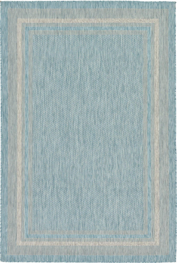 Unique Loom Outdoor Border Soft Border Machine Made Border Rug Aquamarine, Ivory 6' 1" x 9' 0"