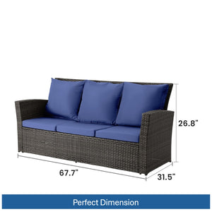 English Elm 67.7" Outdoor Wicker Three Seat Sofa High Back Pe Frame Patio Lounge Furniture Blue B082P455182