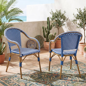 English Elm Outdoor Woven Rattan Bistro Armchairs Set of 2 Aluminum Frame Patio Cafe Seating Blue,Natural+White N768P386559N
