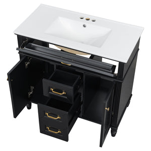 English Elm 36 Inch Bathroom Vanity with Ceramic Sink, Durable MDF & Solid Wood Frame, Soft-Close Doors, Luxe Handles, Ample Organized Storage, Modern Freestanding Design Black N725P314034B