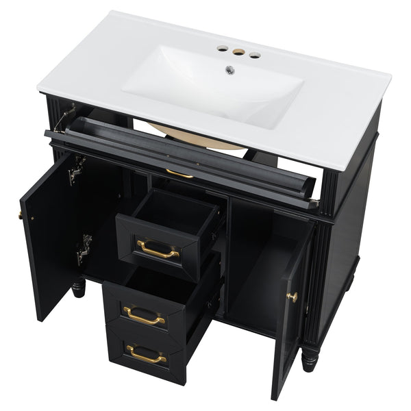 English Elm 36 Inch Bathroom Vanity with Ceramic Sink, Durable MDF & Solid Wood Frame, Soft-Close Doors, Luxe Handles, Ample Organized Storage, Modern Freestanding Design Black N725P314034B