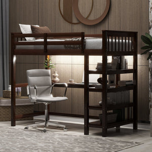 English Elm Twin Pine Loft Bed with Built-in Desk Open Shelves and Led Ambient Lighting Espresso GX000245AAP
