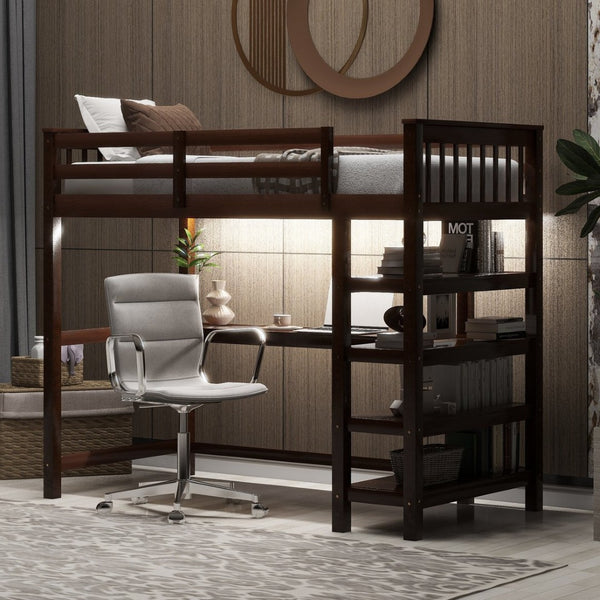 English Elm Twin Pine Loft Bed with Built-in Desk Open Shelves and Led Ambient Lighting Espresso GX000245AAP