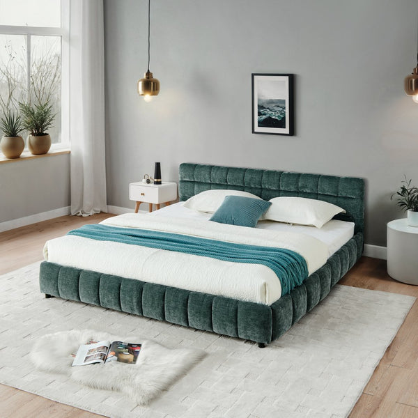 English Elm California King Upholstered Bed Frame With Plush Chenille Fabric, Storage Drawers & Modern Design W487P311314