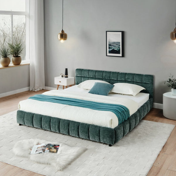 English Elm California King Platform Storage Bed Chenille Upholstered Frame Modern Bedroom Blue+Green W487S00523