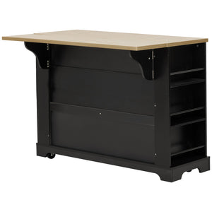 English Elm K&K Rustic Kitchen Island Cart with 6 Drawers, Pull-Out Trash Cabinet, Drop Leaf & Built-In Charging Station Black N707P307292B