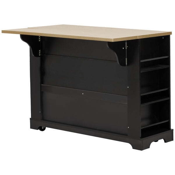 English Elm K&K Rustic Kitchen Island Cart with 6 Drawers, Pull-Out Trash Cabinet, Drop Leaf & Built-In Charging Station Black N707P307292B