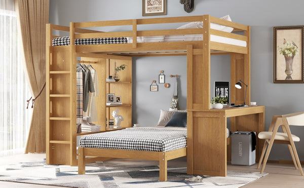 English Elm Queen Over Twin Bunk Bed With Built-In Desk, Storage, And Dismountable Lower Bed - Natural Wood W1580S00216-GIGA