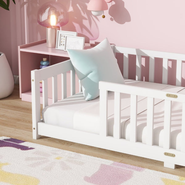 English Elm Twin Low Profile Rubberwood Floor Bed with Full Safety Fence for Toddler Rooms White W504P429335