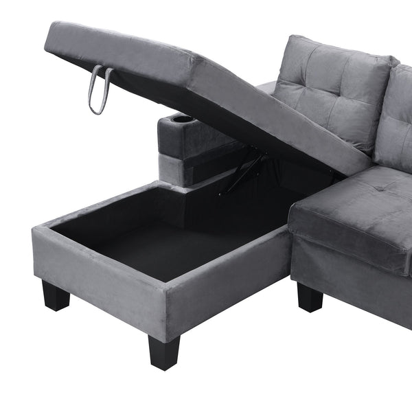 English Elm Sectional PU Sofa Set with L-Chaise, Built-In Cup Holders, Thick Foam Cushions, Modern 4-Seater Comfort Grey 69.29 L x 33.46 W x 13.78 H W2297S00011