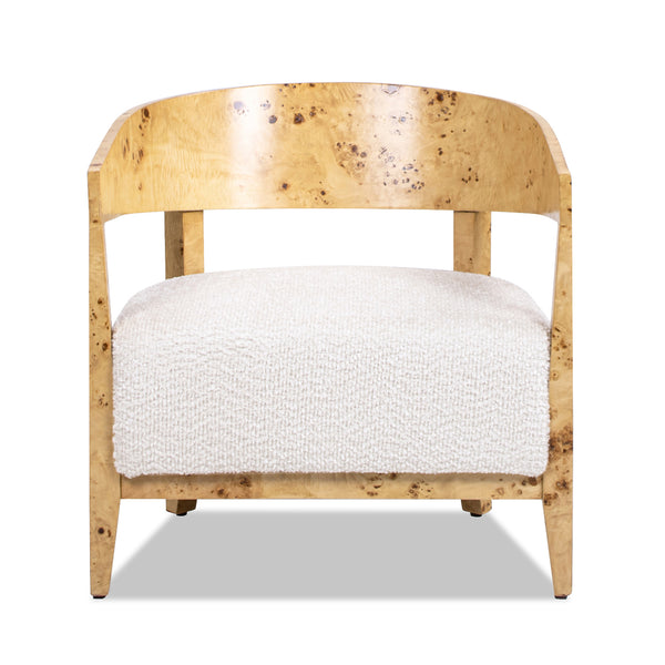 English Elm Jennifer Taylor Home - Madrid Luxurious Burl Wood Barrel Accent Chair in Seashell White Chenille — Cozy, Durable, Stylish Accent B2719P238278