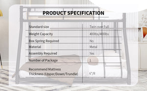 English Elm Twin Over Full Metal Bunk Bed - Heavy-Duty Frame With Guardrail, Usb Charging & Led Light For Teens W1935P279722-GIGA