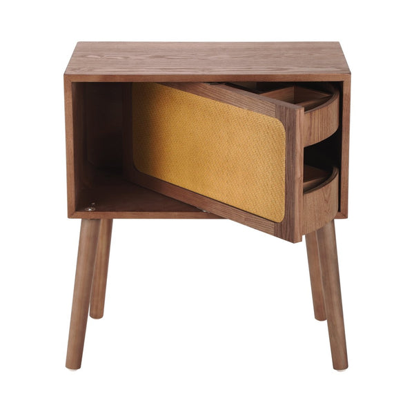 English Elm Rotating Rattan Nightstand Push Open Hidden Storage Mid Century Wood Leg Bedside Walnut N761P288451N