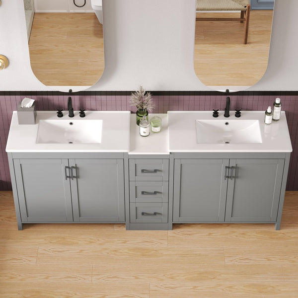 English Elm Christopher Knight Home® - 84" Double-Sink Bathroom Vanity with Quartz Countertop, Adjustable Shelves, Soft-Close Drawers & Silver Handles Gray N817P286004G