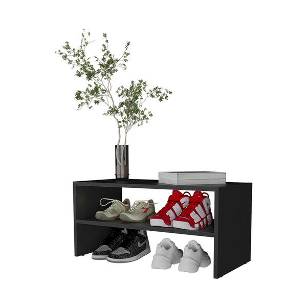 English Elm Wenge 2-Shelf Shoe Rack — Sleek Black Melamine Organizer for Bedroom, Durable Compact Display (28.3"W) B062P230637