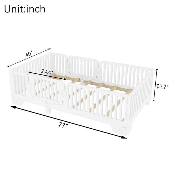 English Elm Twin Montessori Floor Bed with Safety Rails Hinged Door and Plywood Slats for Kids White W2593P381112