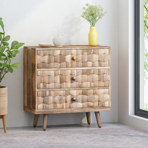 English Elm Christopher Knight Home® - Mid-Century Mango Wood 3 Drawer Chest with 3D Tile Weave, Antique Brass Knobs, Natural Finish 66414.00